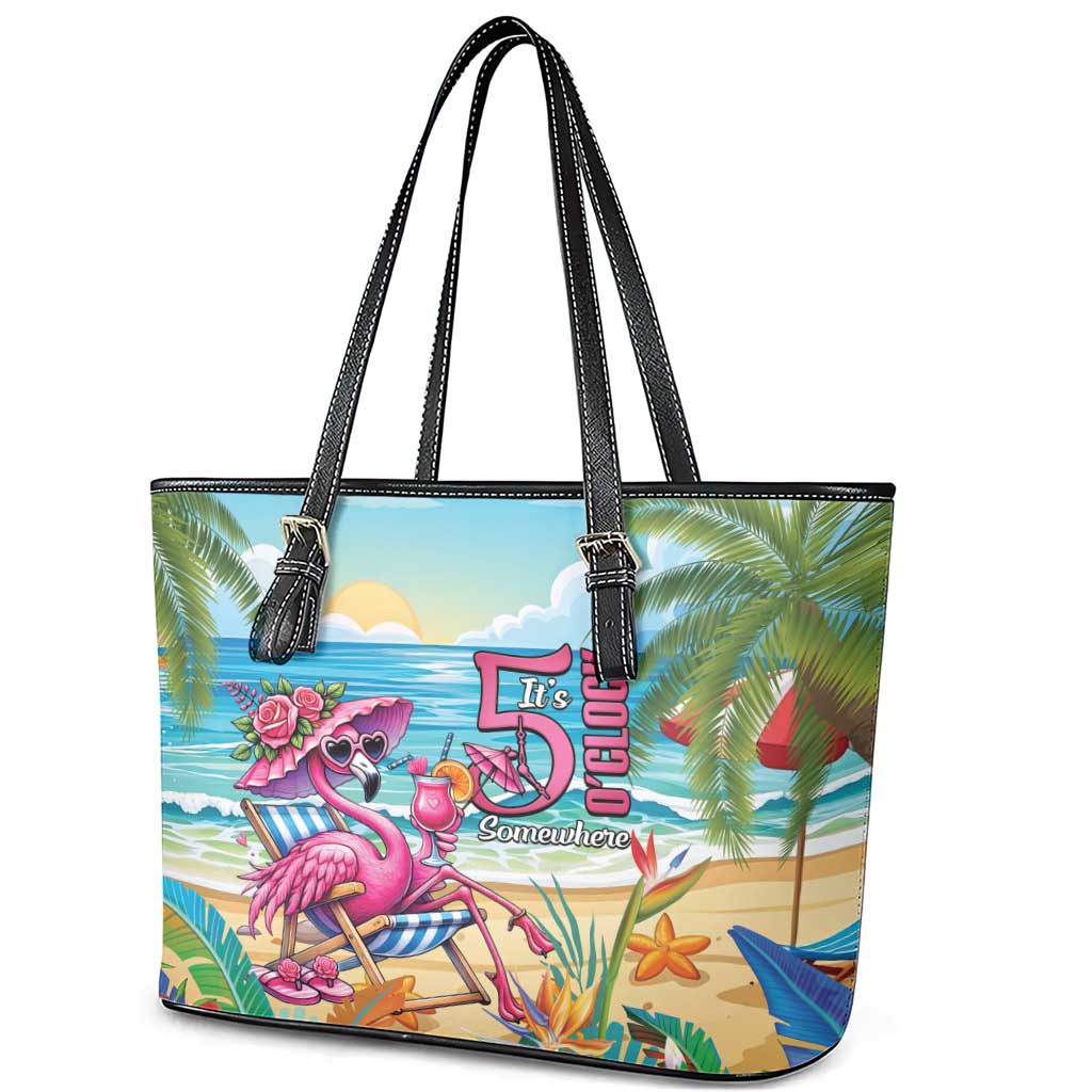 Flamingo Aloha Hawaii Leather Tote Bag It's 5 O’Clock Somewhere Tropical Vibes - Wonder Print Shop