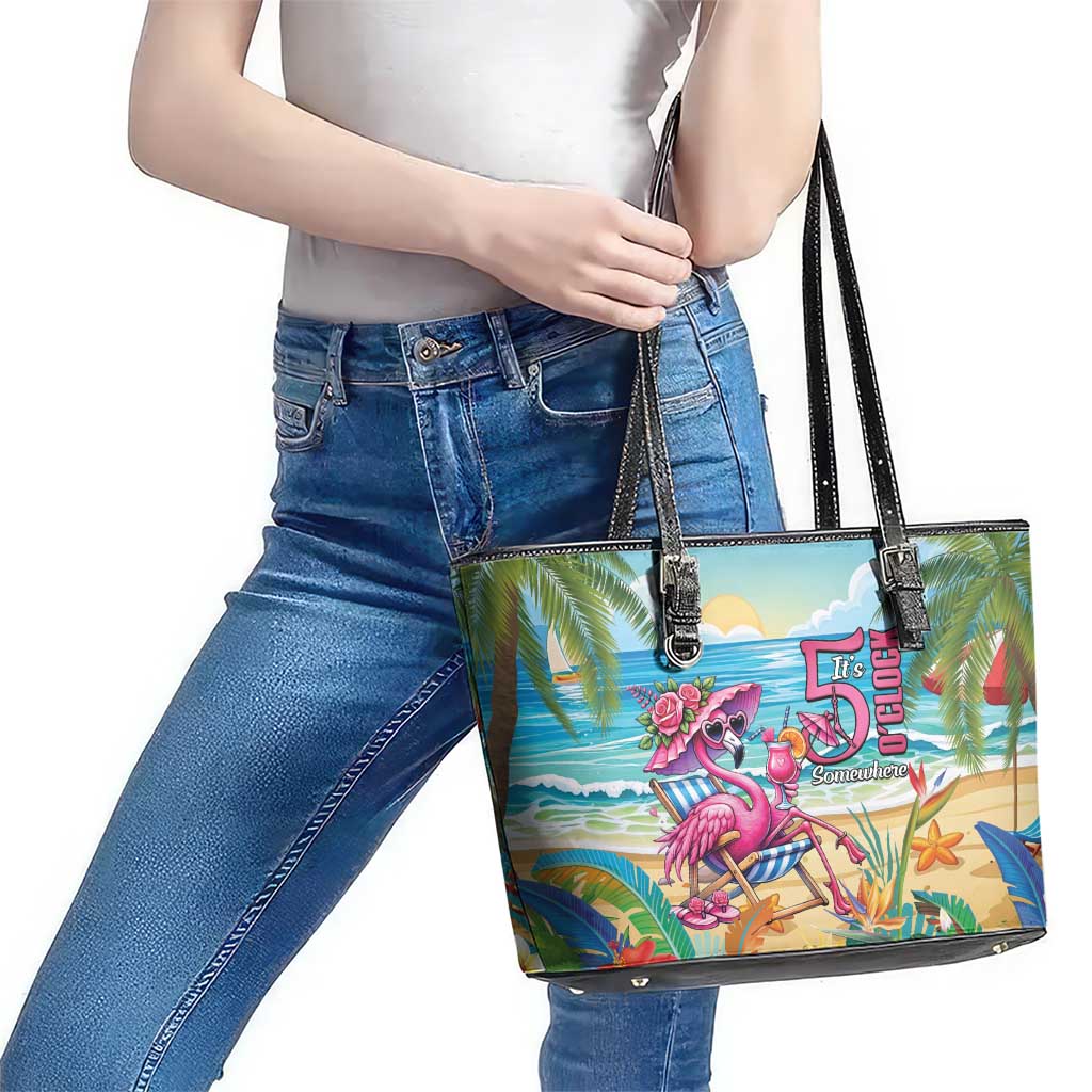 Flamingo Aloha Hawaii Leather Tote Bag It's 5 O’Clock Somewhere Tropical Vibes - Wonder Print Shop