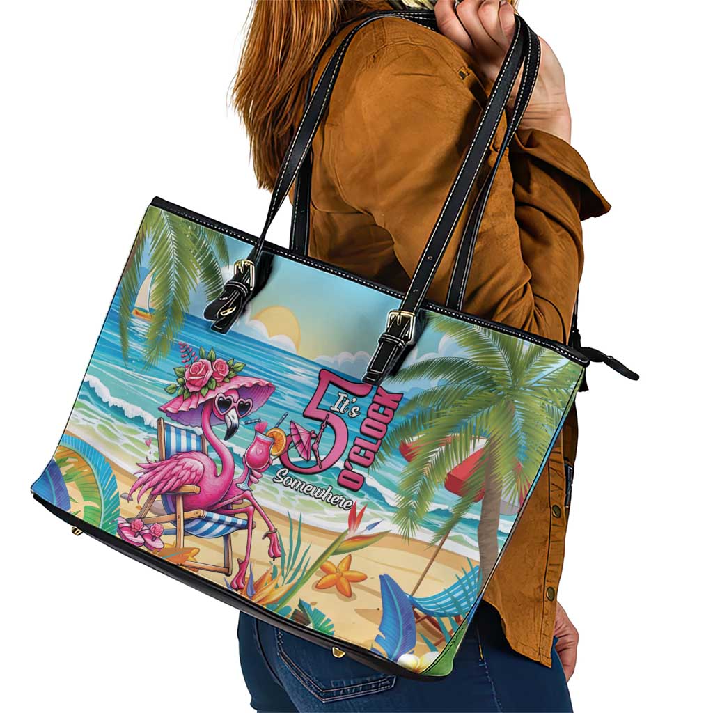Flamingo Aloha Hawaii Leather Tote Bag It's 5 O’Clock Somewhere Tropical Vibes - Wonder Print Shop