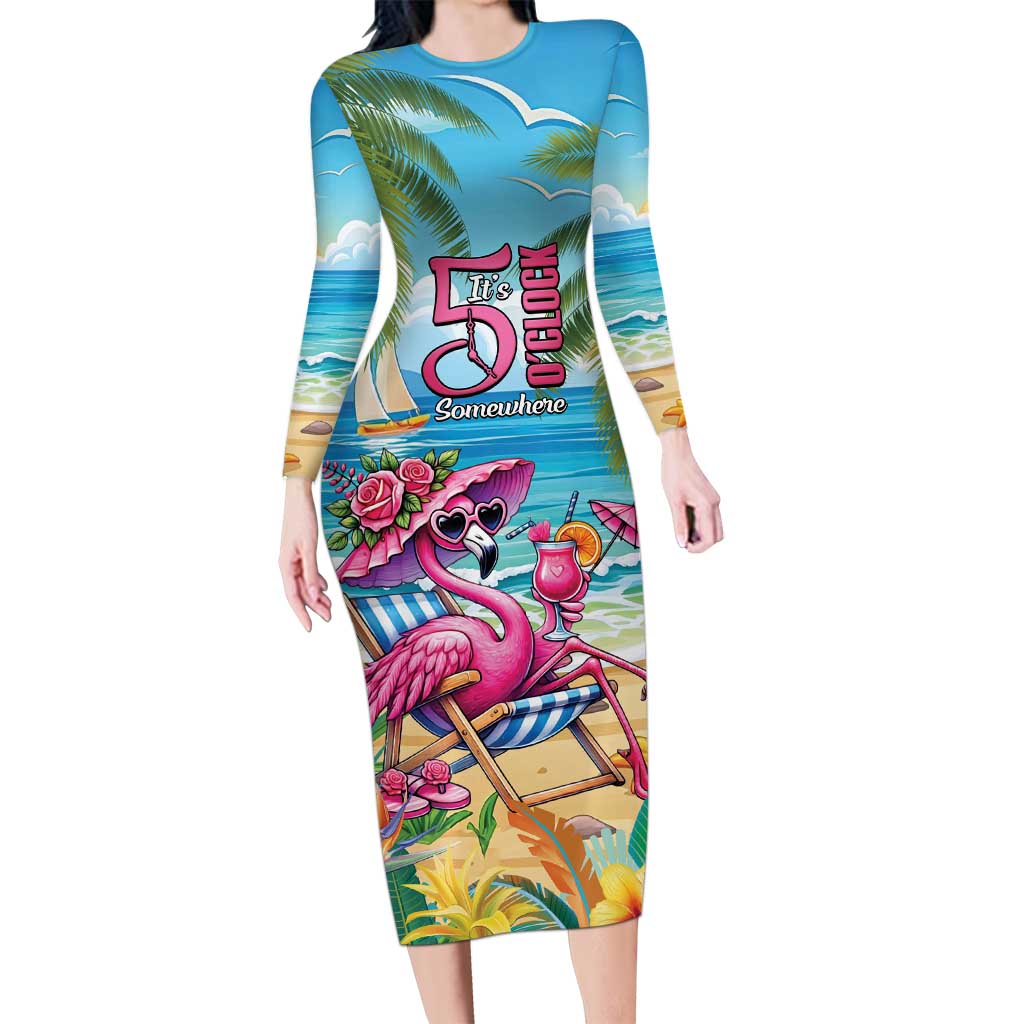 Flamingo Aloha Hawaii Long Sleeve Bodycon Dress It's 5 O’Clock Somewhere Tropical Vibes - Wonder Print Shop