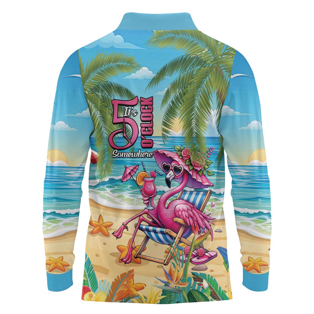 Flamingo Aloha Hawaii Long Sleeve Polo Shirt It's 5 O’Clock Somewhere Tropical Vibes - Wonder Print Shop