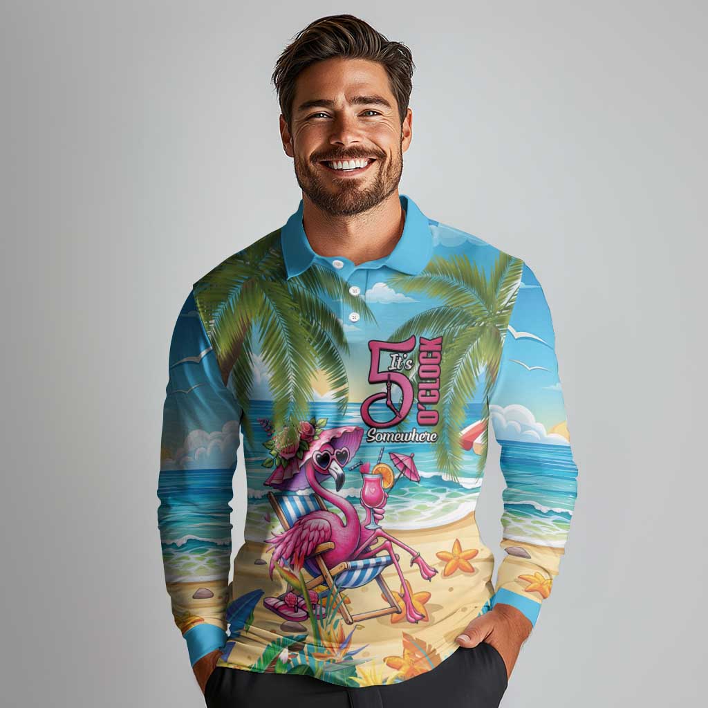 Flamingo Aloha Hawaii Long Sleeve Polo Shirt It's 5 O’Clock Somewhere Tropical Vibes - Wonder Print Shop