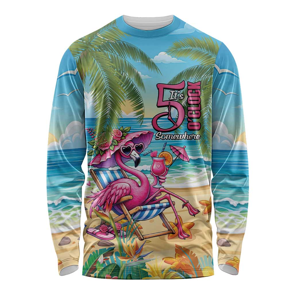 Flamingo Aloha Hawaii Long Sleeve Shirt It's 5 O’Clock Somewhere Tropical Vibes - Wonder Print Shop