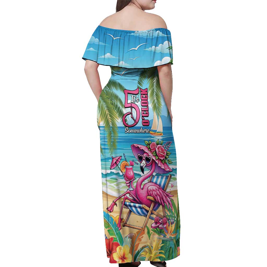 Flamingo Aloha Hawaii Off Shoulder Maxi Dress It's 5 O’Clock Somewhere Tropical Vibes - Wonder Print Shop