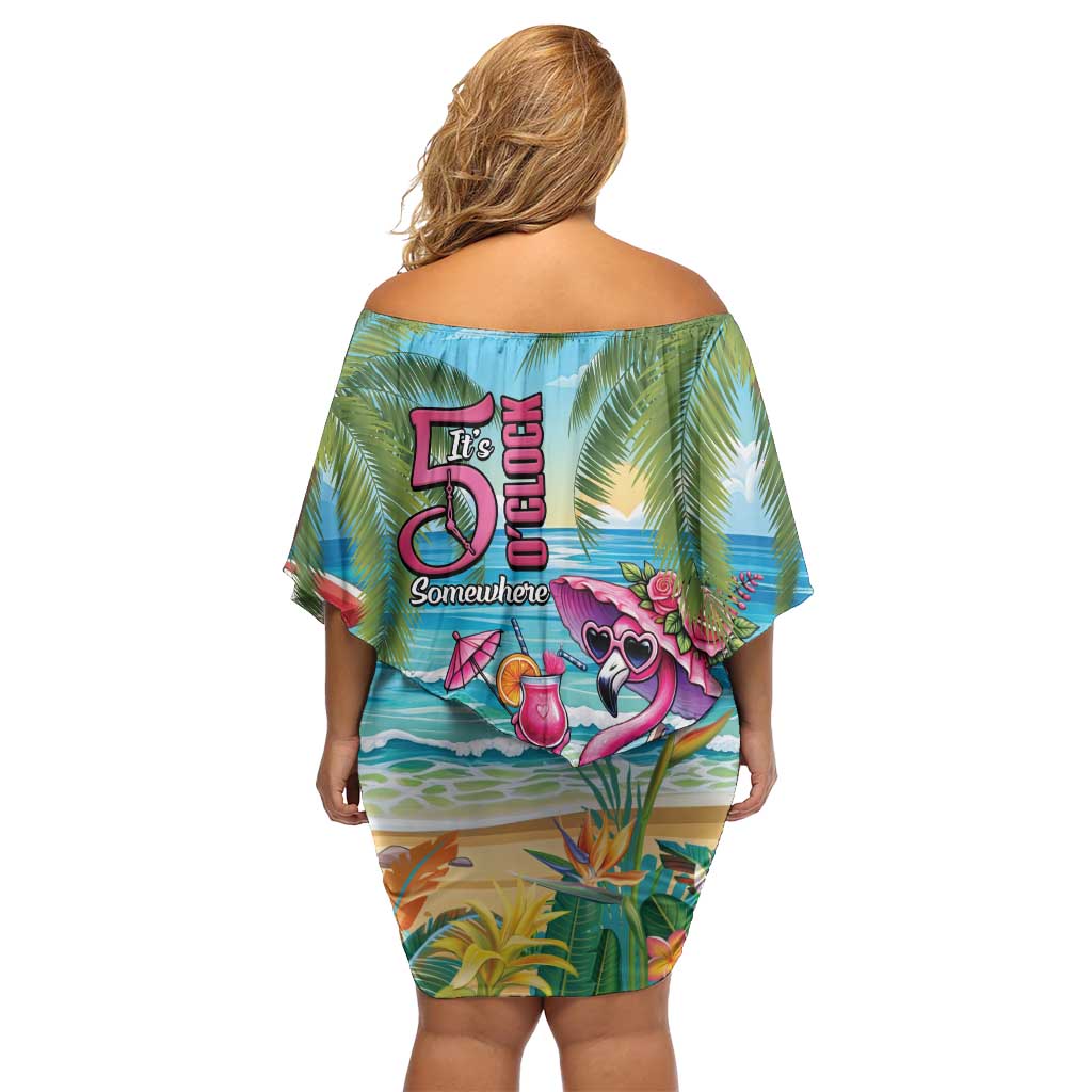 Flamingo Aloha Hawaii Off Shoulder Short Dress It's 5 O’Clock Somewhere Tropical Vibes - Wonder Print Shop