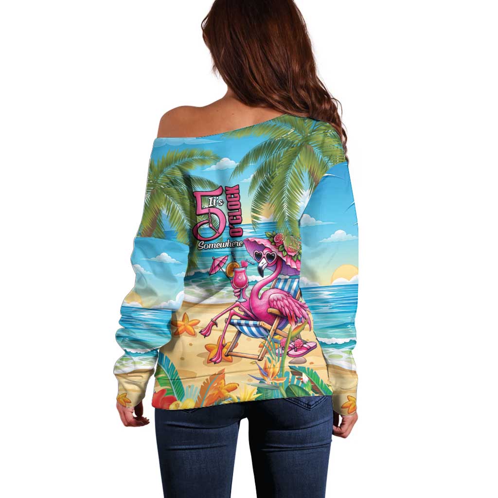 Flamingo Aloha Hawaii Off Shoulder Sweater It's 5 O’Clock Somewhere Tropical Vibes - Wonder Print Shop