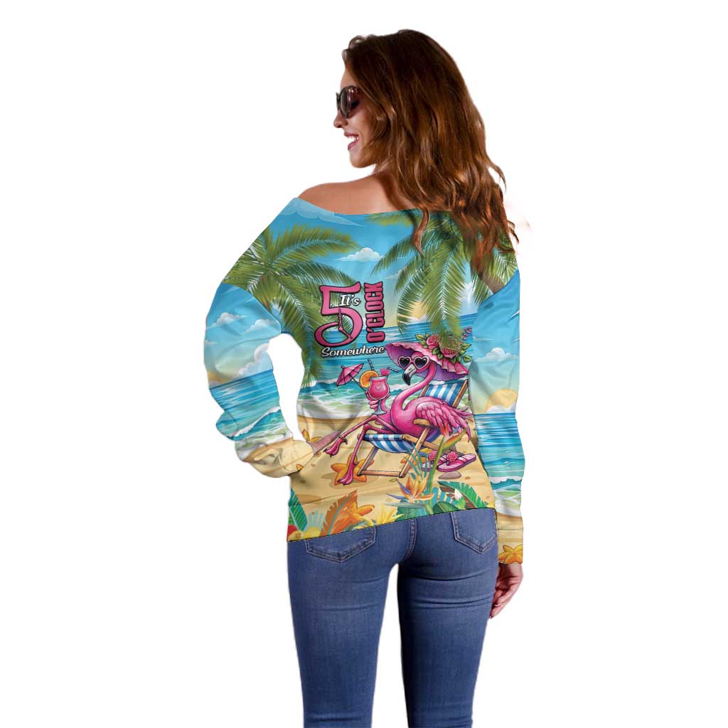 Flamingo Aloha Hawaii Off Shoulder Sweater It's 5 O’Clock Somewhere Tropical Vibes - Wonder Print Shop
