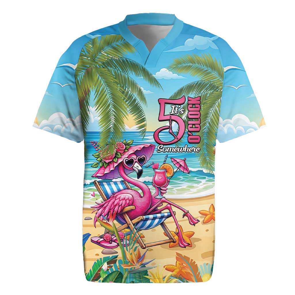 Flamingo Aloha Hawaii Rugby Jersey It's 5 O’Clock Somewhere Tropical Vibes - Wonder Print Shop