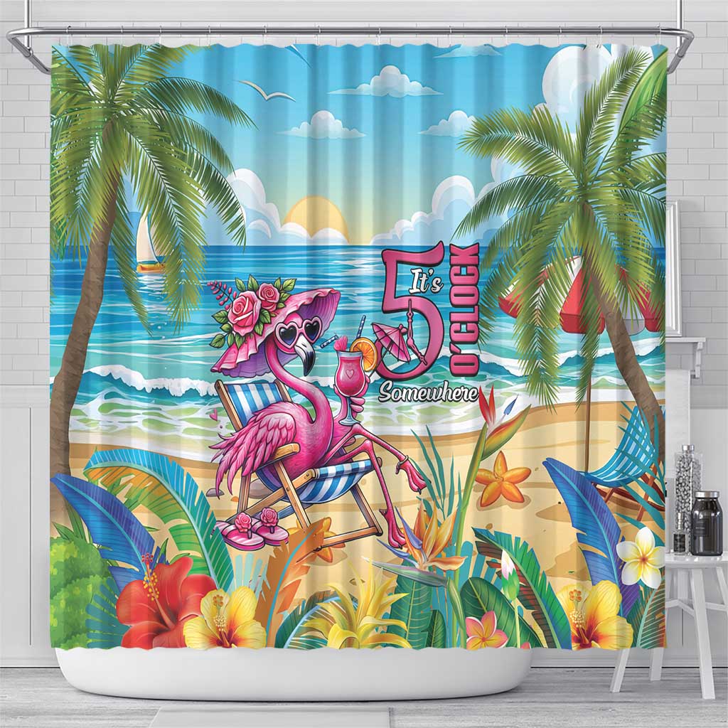 Flamingo Aloha Hawaii Shower Curtain It's 5 O’Clock Somewhere Tropical Vibes - Wonder Print Shop