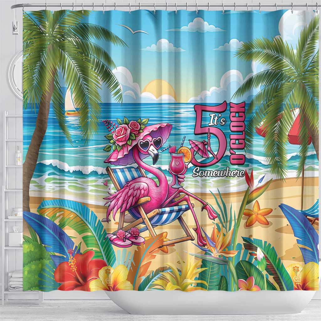Flamingo Aloha Hawaii Shower Curtain It's 5 O’Clock Somewhere Tropical Vibes - Wonder Print Shop