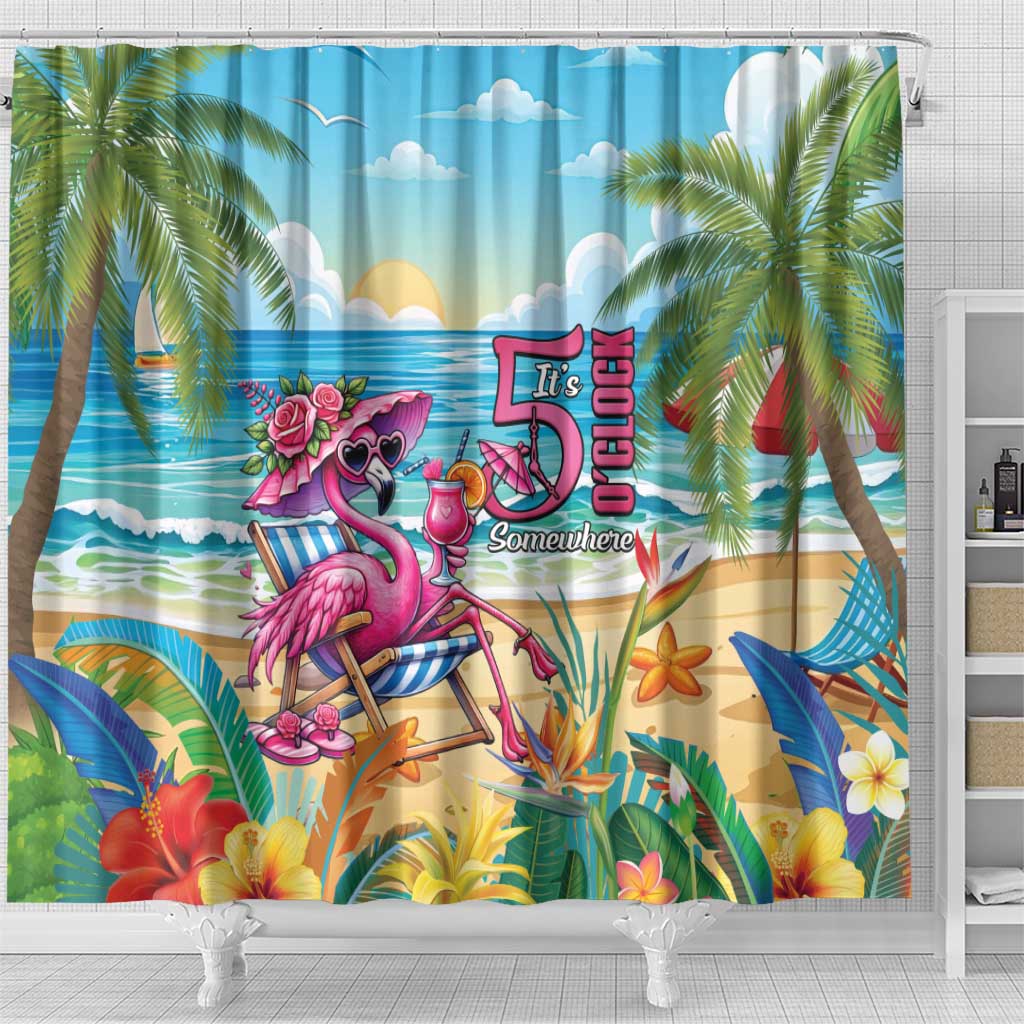 Flamingo Aloha Hawaii Shower Curtain It's 5 O’Clock Somewhere Tropical Vibes - Wonder Print Shop