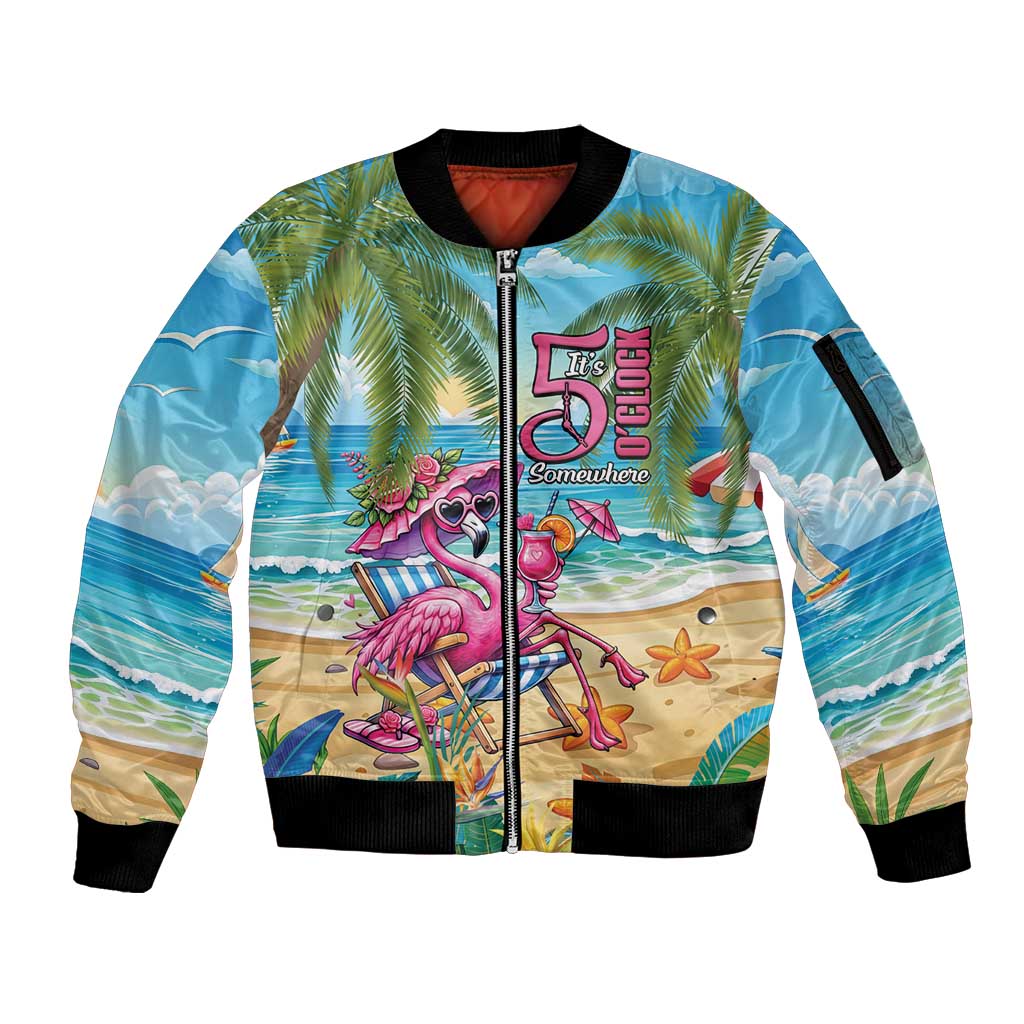 Flamingo Aloha Hawaii Sleeve Zip Bomber Jacket It's 5 O’Clock Somewhere Tropical Vibes - Wonder Print Shop