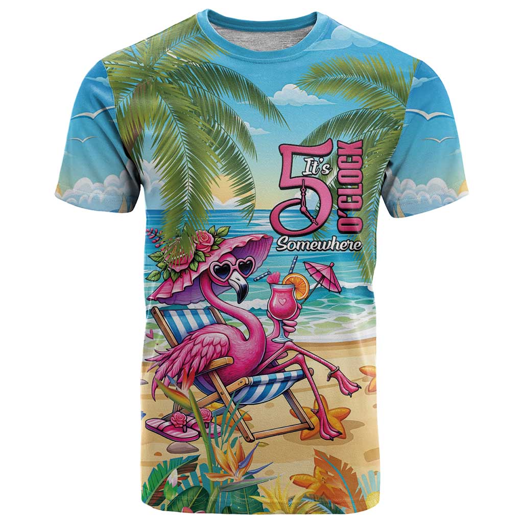 Flamingo Aloha Hawaii T Shirt It's 5 O’Clock Somewhere Tropical Vibes - Wonder Print Shop