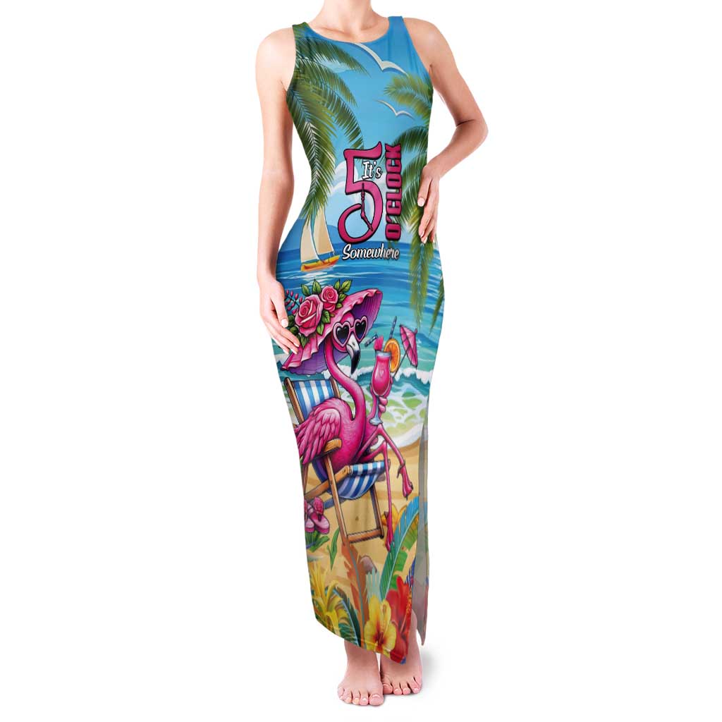 Flamingo Aloha Hawaii Tank Maxi Dress It's 5 O’Clock Somewhere Tropical Vibes - Wonder Print Shop