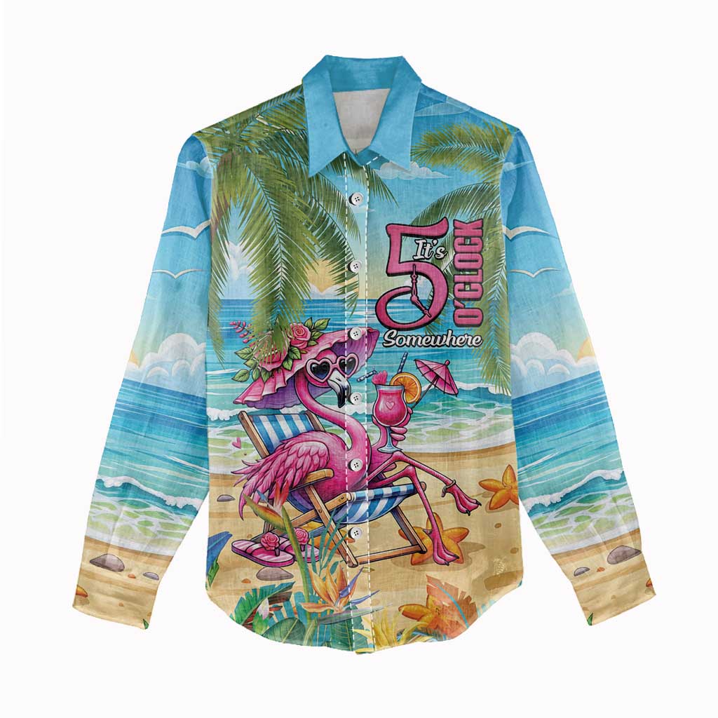 Flamingo Aloha Hawaii Women Casual Shirt It's 5 O’Clock Somewhere Tropical Vibes - Wonder Print Shop