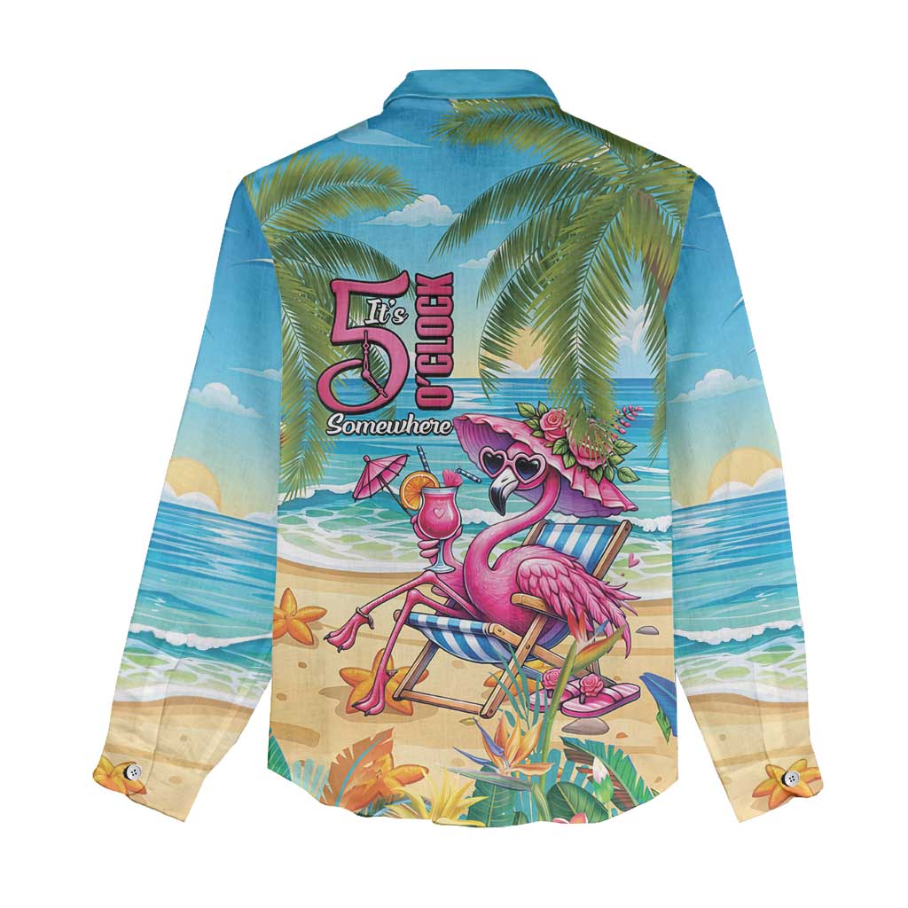 Flamingo Aloha Hawaii Women Casual Shirt It's 5 O’Clock Somewhere Tropical Vibes - Wonder Print Shop