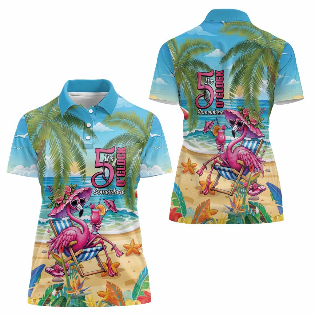 Flamingo Aloha Hawaii Women Polo Shirt It's 5 O’Clock Somewhere Tropical Vibes - Wonder Print Shop