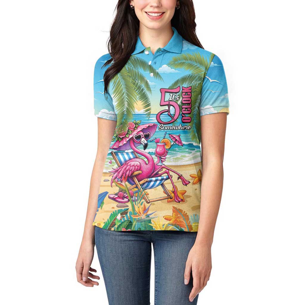 Flamingo Aloha Hawaii Women Polo Shirt It's 5 O’Clock Somewhere Tropical Vibes - Wonder Print Shop