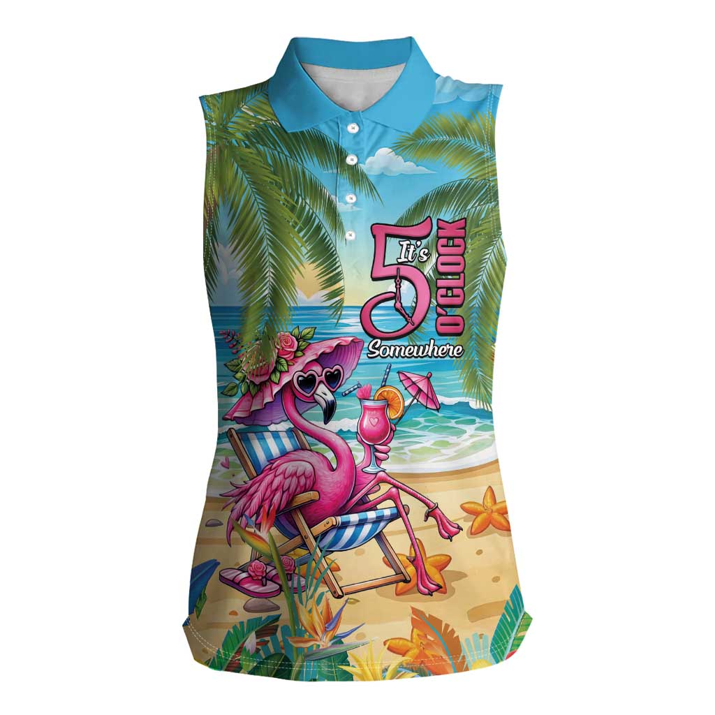 Flamingo Aloha Hawaii Women Sleeveless Polo Shirt It's 5 O’Clock Somewhere Tropical Vibes - Wonder Print Shop