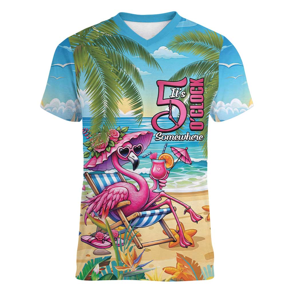 Flamingo Aloha Hawaii Women V-Neck T-Shirt It's 5 O’Clock Somewhere Tropical Vibes - Wonder Print Shop