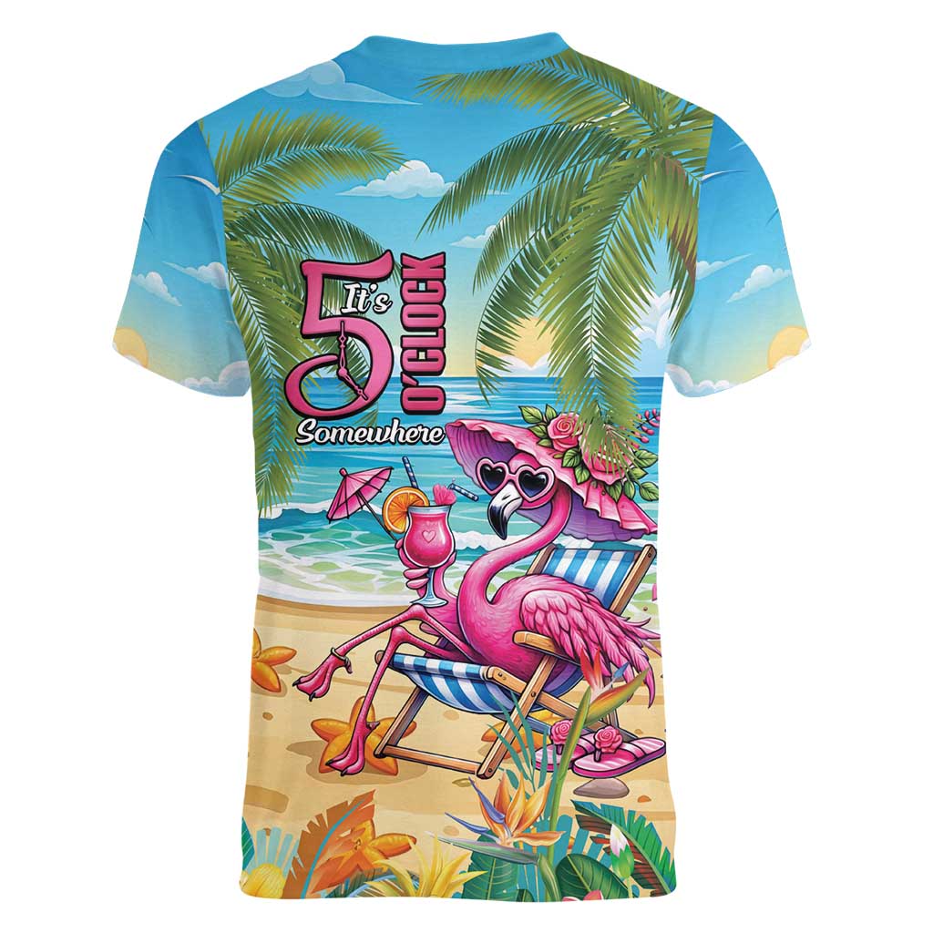 Flamingo Aloha Hawaii Women V-Neck T-Shirt It's 5 O’Clock Somewhere Tropical Vibes - Wonder Print Shop