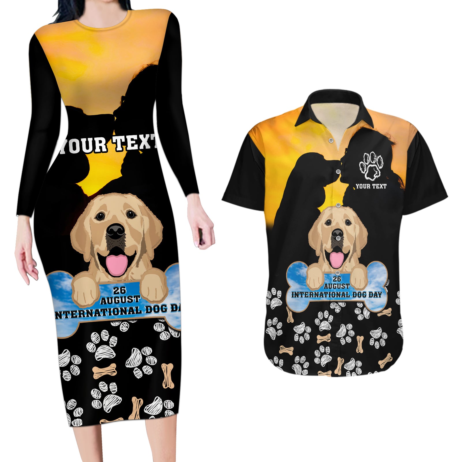 Custom International Dog Day Couples Matching Long Sleeve Bodycon Dress and Hawaiian Shirt Dogs Are The Magicians Of The Universe - Wonder Print Shop