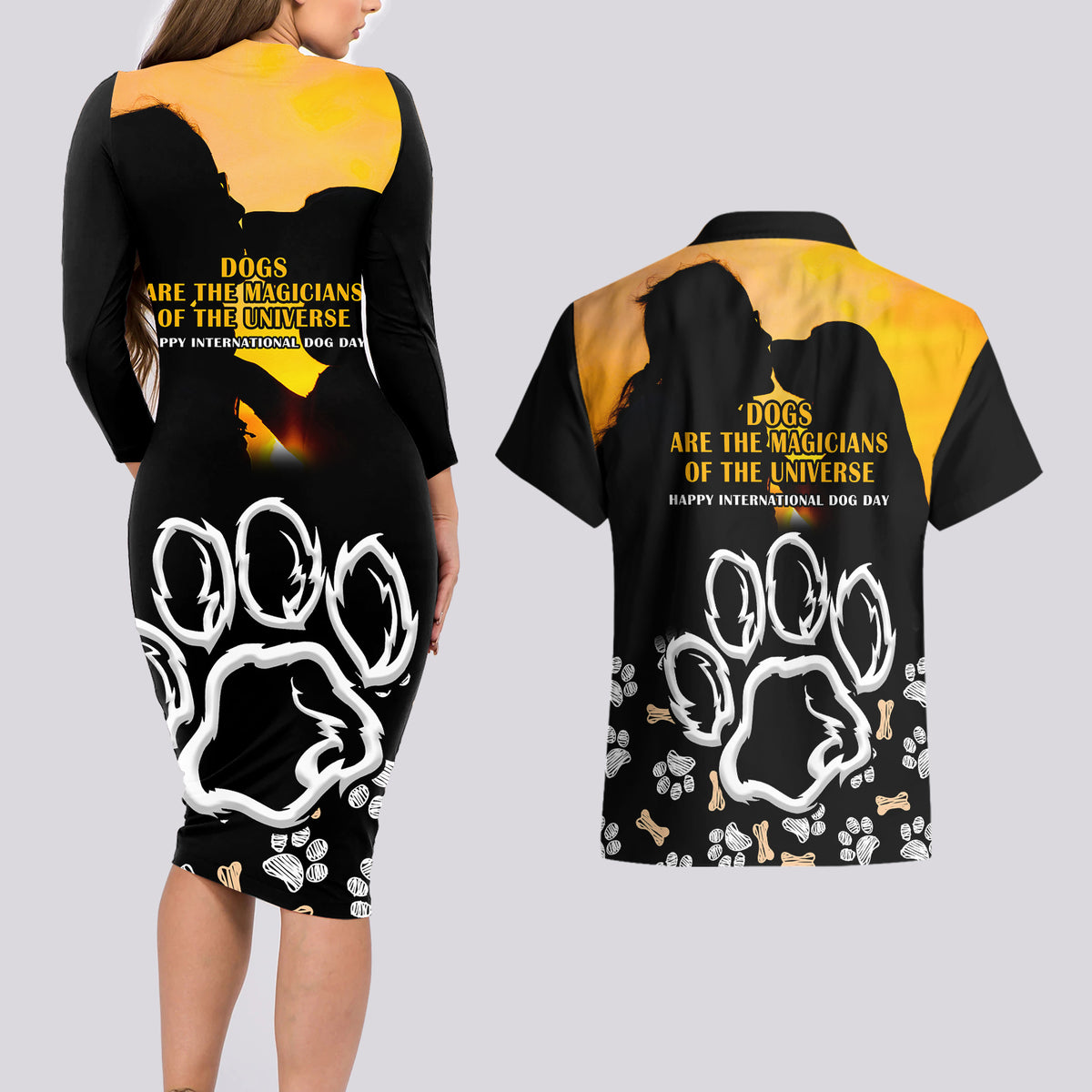 Custom International Dog Day Couples Matching Long Sleeve Bodycon Dress and Hawaiian Shirt Dogs Are The Magicians Of The Universe - Wonder Print Shop
