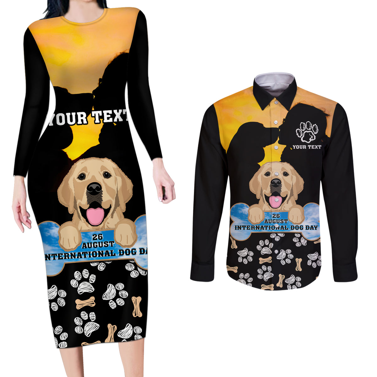 Custom International Dog Day Couples Matching Long Sleeve Bodycon Dress and Long Sleeve Button Shirts Dogs Are The Magicians Of The Universe - Wonder Print Shop