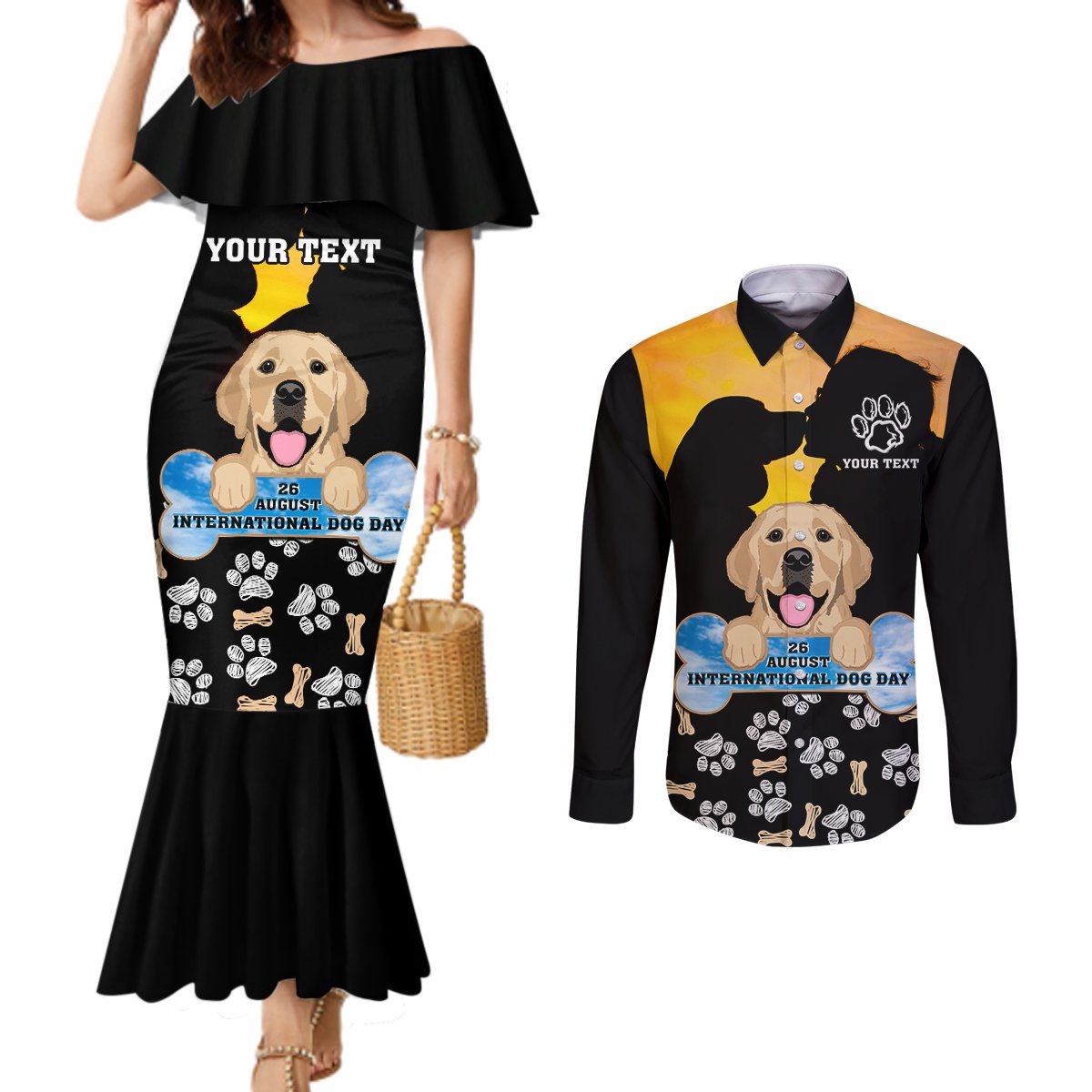 custom-international-dog-day-couples-matching-mermaid-dress-and-long-sleeve-button-shirts-dogs-are-the-magicians-of-the-universe