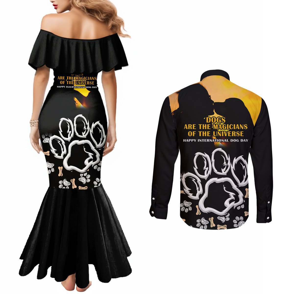 custom-international-dog-day-couples-matching-mermaid-dress-and-long-sleeve-button-shirts-dogs-are-the-magicians-of-the-universe