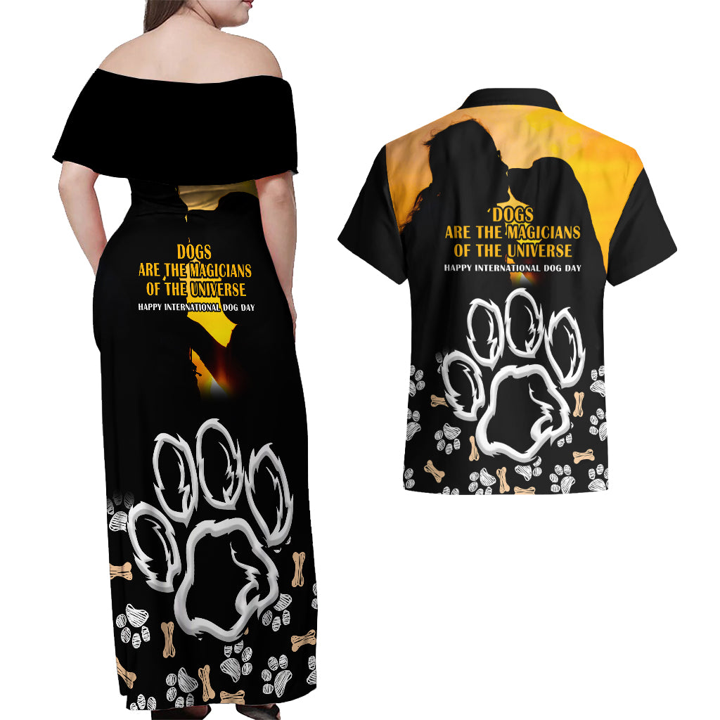 Custom International Dog Day Couples Matching Off Shoulder Maxi Dress and Hawaiian Shirt Dogs Are The Magicians Of The Universe - Wonder Print Shop