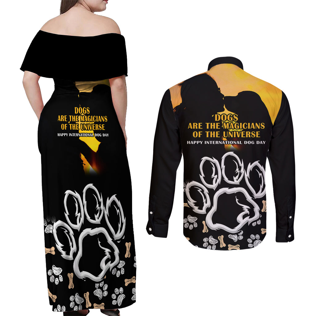 Custom International Dog Day Couples Matching Off Shoulder Maxi Dress and Long Sleeve Button Shirts Dogs Are The Magicians Of The Universe - Wonder Print Shop