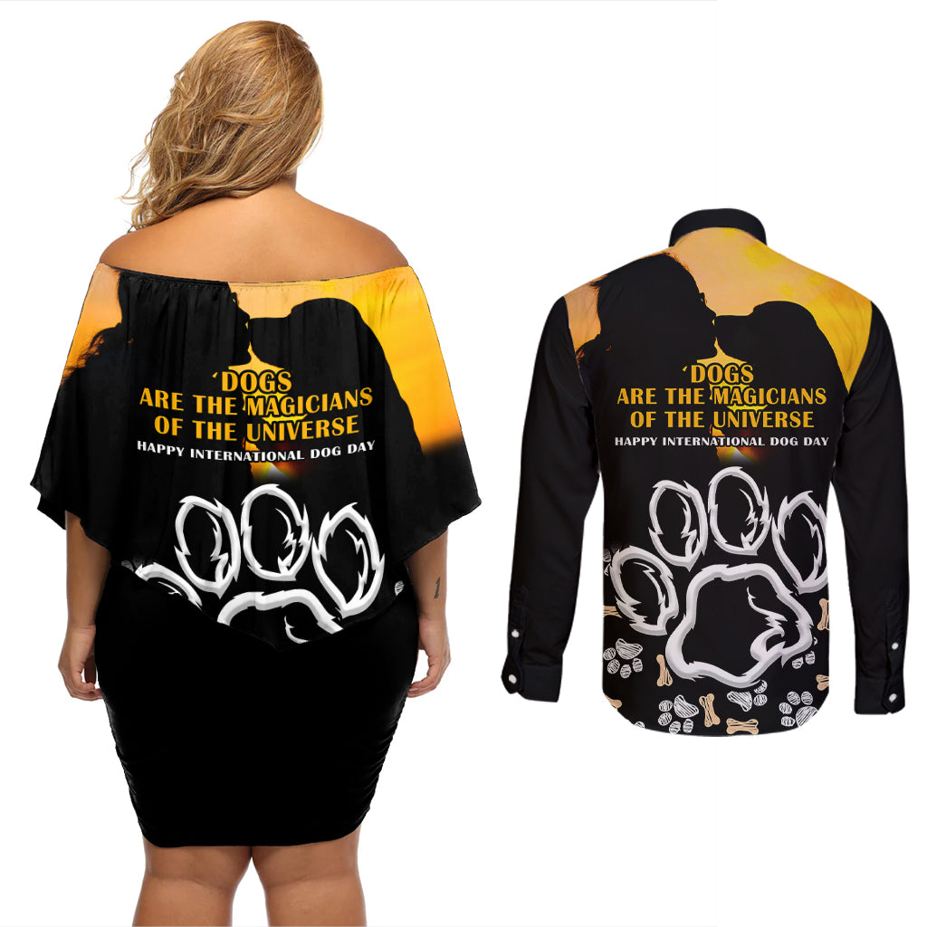 Custom International Dog Day Couples Matching Off Shoulder Short Dress and Long Sleeve Button Shirts Dogs Are The Magicians Of The Universe - Wonder Print Shop
