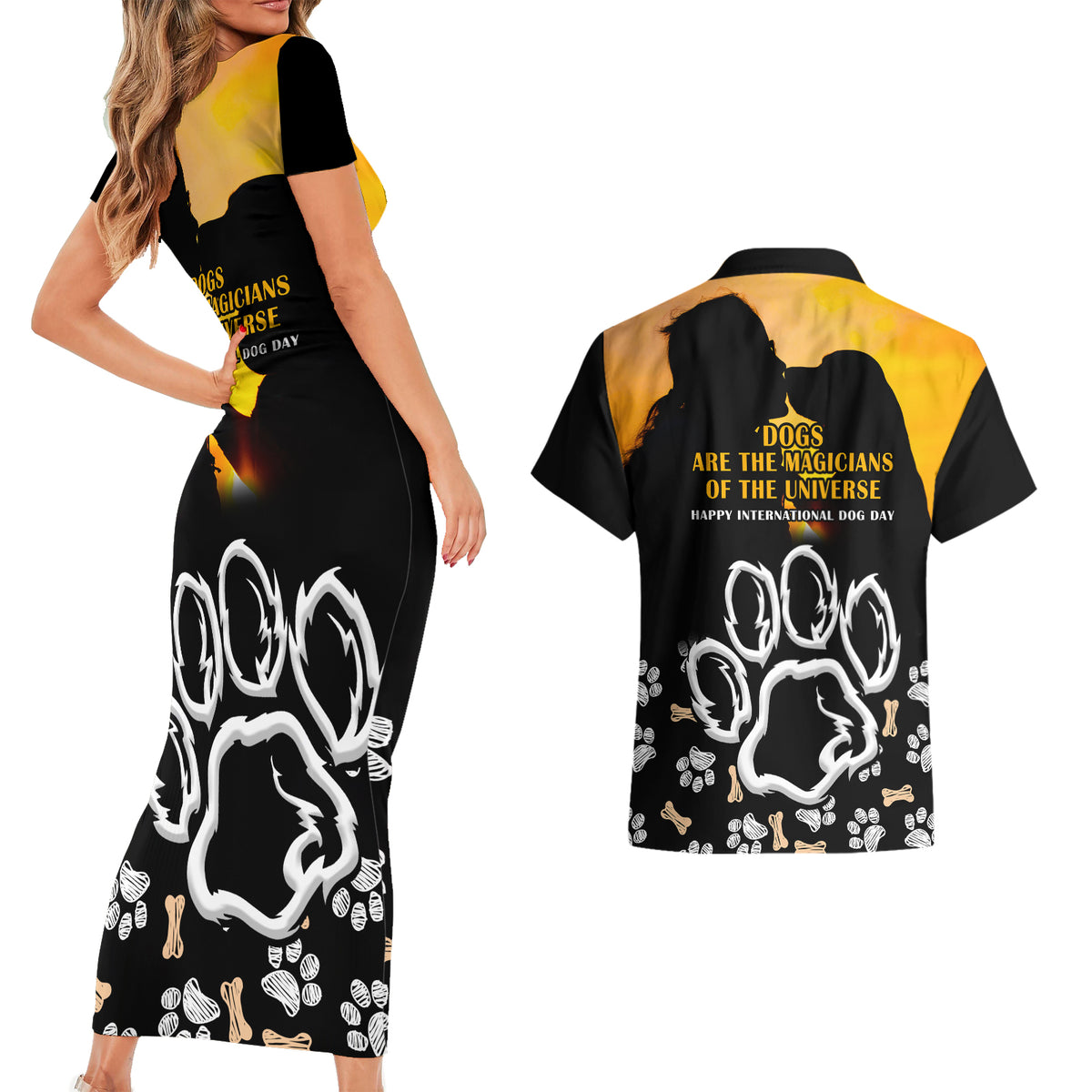 Custom International Dog Day Couples Matching Short Sleeve Bodycon Dress and Hawaiian Shirt Dogs Are The Magicians Of The Universe - Wonder Print Shop
