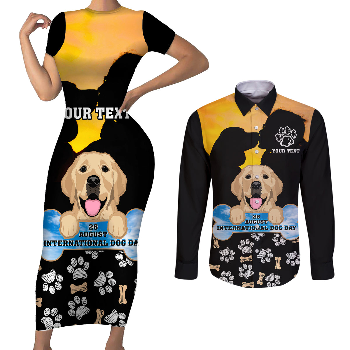 Custom International Dog Day Couples Matching Short Sleeve Bodycon Dress and Long Sleeve Button Shirts Dogs Are The Magicians Of The Universe - Wonder Print Shop