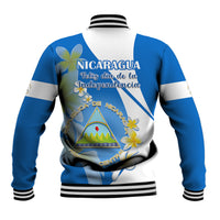 Nicaragua Independence Day Baseball Jacket Nicaraguan Coat of Arms With Sacuanjoche Flowers - Wonder Print Shop