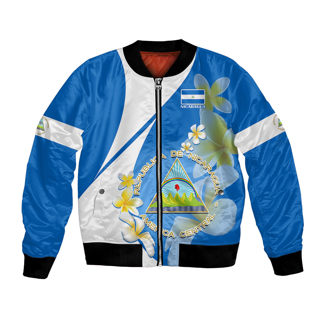 Nicaragua Independence Day Bomber Jacket Nicaraguan Coat of Arms With Sacuanjoche Flowers - Wonder Print Shop