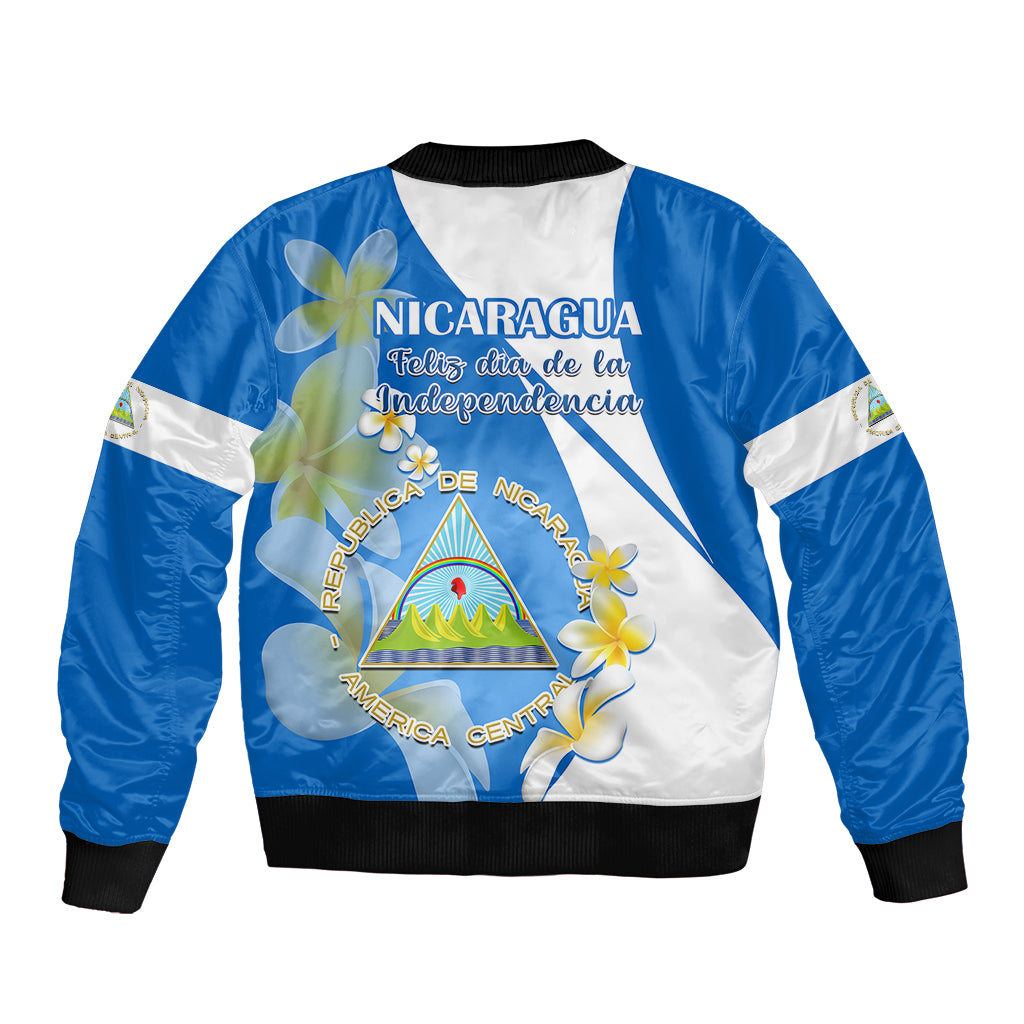Nicaragua Independence Day Bomber Jacket Nicaraguan Coat of Arms With Sacuanjoche Flowers - Wonder Print Shop