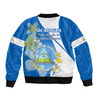 Nicaragua Independence Day Bomber Jacket Nicaraguan Coat of Arms With Sacuanjoche Flowers - Wonder Print Shop