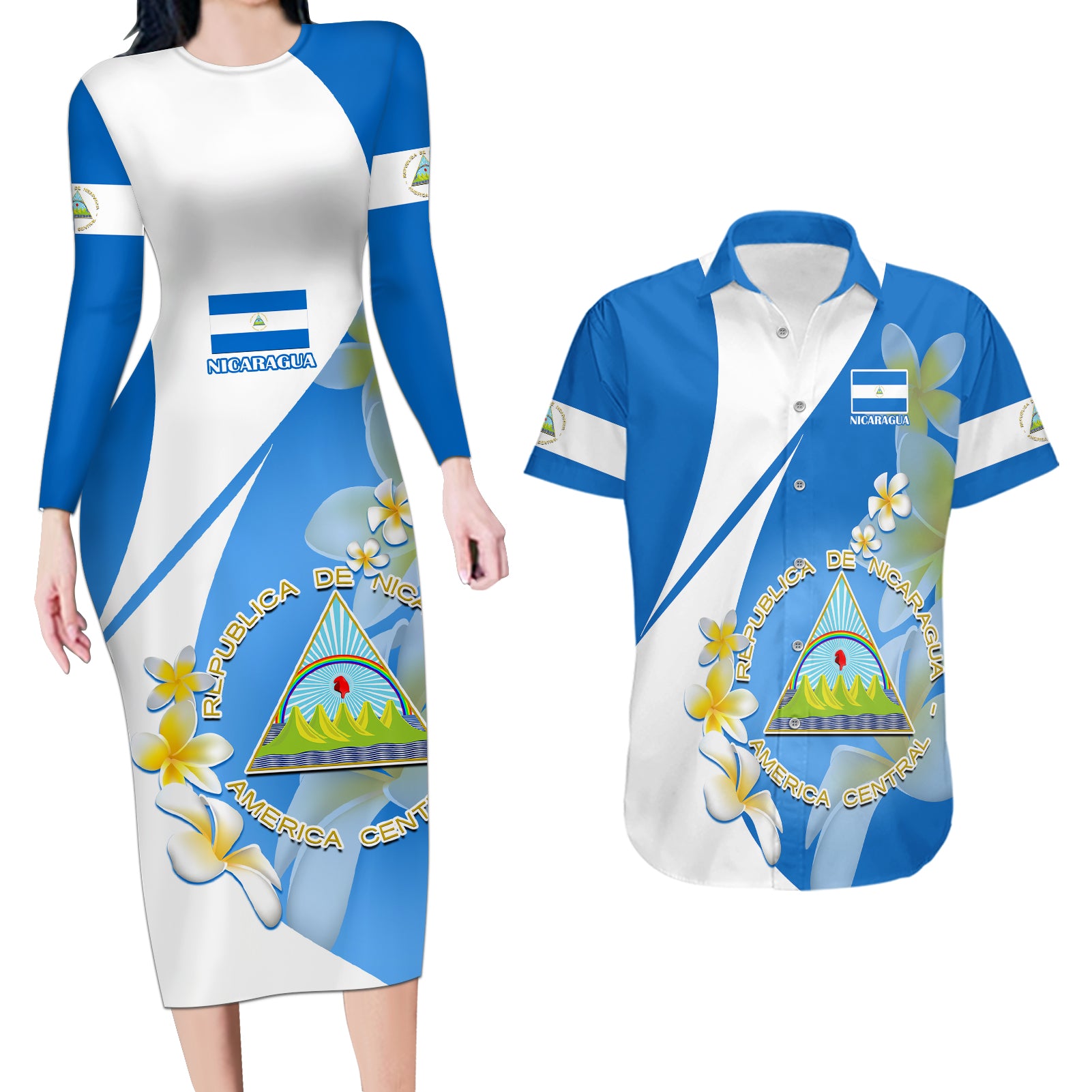 Nicaragua Independence Day Couples Matching Long Sleeve Bodycon Dress and Hawaiian Shirt Nicaraguan Coat of Arms With Sacuanjoche Flowers - Wonder Print Shop
