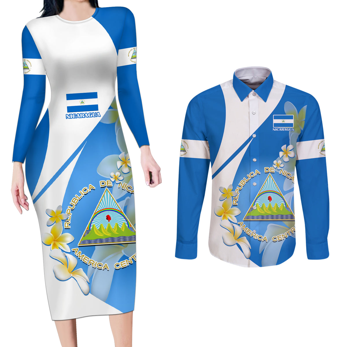 Nicaragua Independence Day Couples Matching Long Sleeve Bodycon Dress and Long Sleeve Button Shirts Nicaraguan Coat of Arms With Sacuanjoche Flowers - Wonder Print Shop