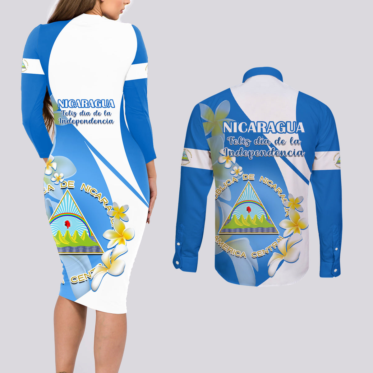 Nicaragua Independence Day Couples Matching Long Sleeve Bodycon Dress and Long Sleeve Button Shirts Nicaraguan Coat of Arms With Sacuanjoche Flowers - Wonder Print Shop
