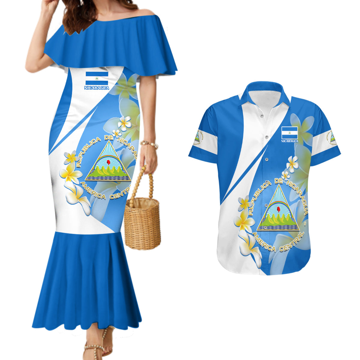 Nicaragua Independence Day Couples Matching Mermaid Dress And Hawaiian Shirt Nicaraguan Coat of Arms With Sacuanjoche Flowers - Wonder Print Shop