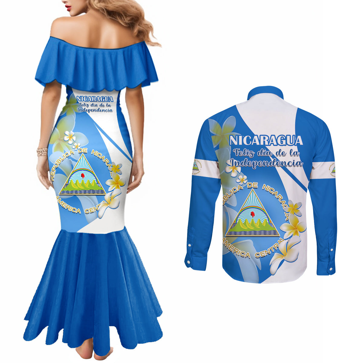 nicaragua-independence-day-couples-matching-mermaid-dress-and-long-sleeve-button-shirts-nicaraguan-coat-of-arms-with-sacuanjoche-flowers