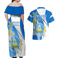 Nicaragua Independence Day Couples Matching Off Shoulder Maxi Dress and Hawaiian Shirt Nicaraguan Coat of Arms With Sacuanjoche Flowers - Wonder Print Shop