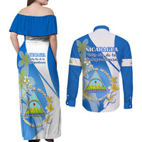 Nicaragua Independence Day Couples Matching Off Shoulder Maxi Dress and Long Sleeve Button Shirts Nicaraguan Coat of Arms With Sacuanjoche Flowers - Wonder Print Shop