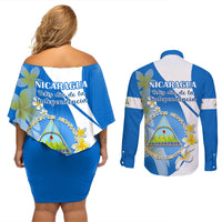Nicaragua Independence Day Couples Matching Off Shoulder Short Dress and Long Sleeve Button Shirts Nicaraguan Coat of Arms With Sacuanjoche Flowers - Wonder Print Shop
