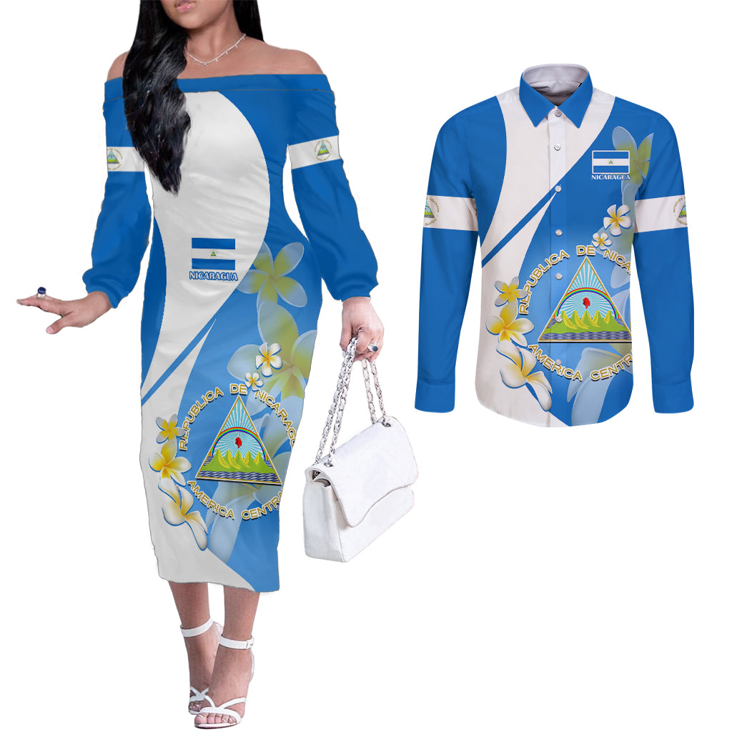 nicaragua-independence-day-couples-matching-off-the-shoulder-long-sleeve-dress-and-long-sleeve-button-shirts-nicaraguan-coat-of-arms-with-sacuanjoche-flowers