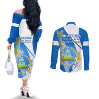 nicaragua-independence-day-couples-matching-off-the-shoulder-long-sleeve-dress-and-long-sleeve-button-shirts-nicaraguan-coat-of-arms-with-sacuanjoche-flowers