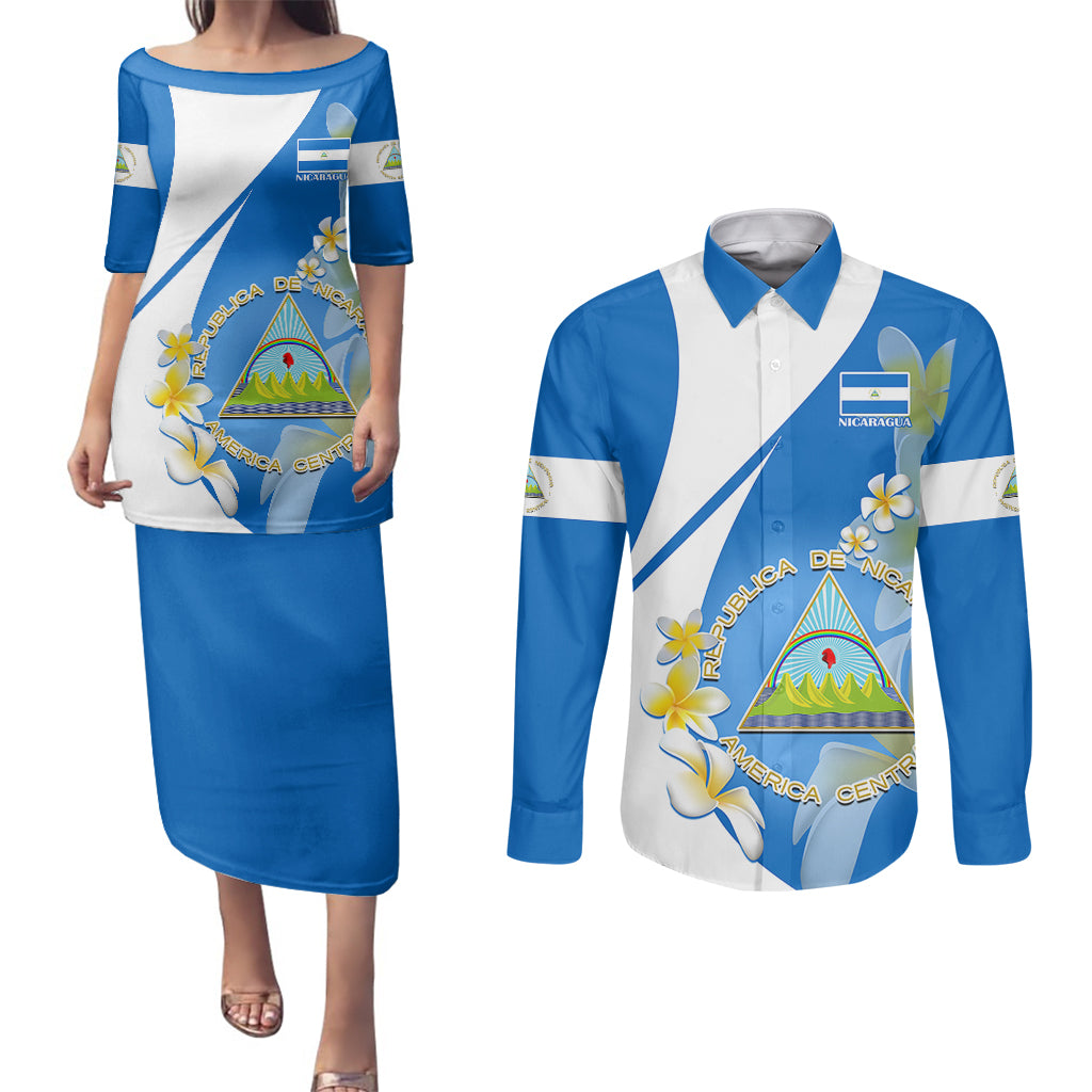 Nicaragua Independence Day Couples Matching Puletasi Dress and Long Sleeve Button Shirts Nicaraguan Coat of Arms With Sacuanjoche Flowers - Wonder Print Shop